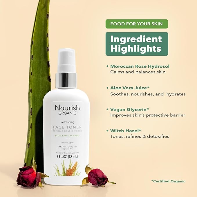 Nourish Organic Face Toner Spray – Alcohol-Free Formula with Witch Hazel, Aloe Vera & Moroccan Rose Flower Extract, 3 Oz + Washable Cotton Round