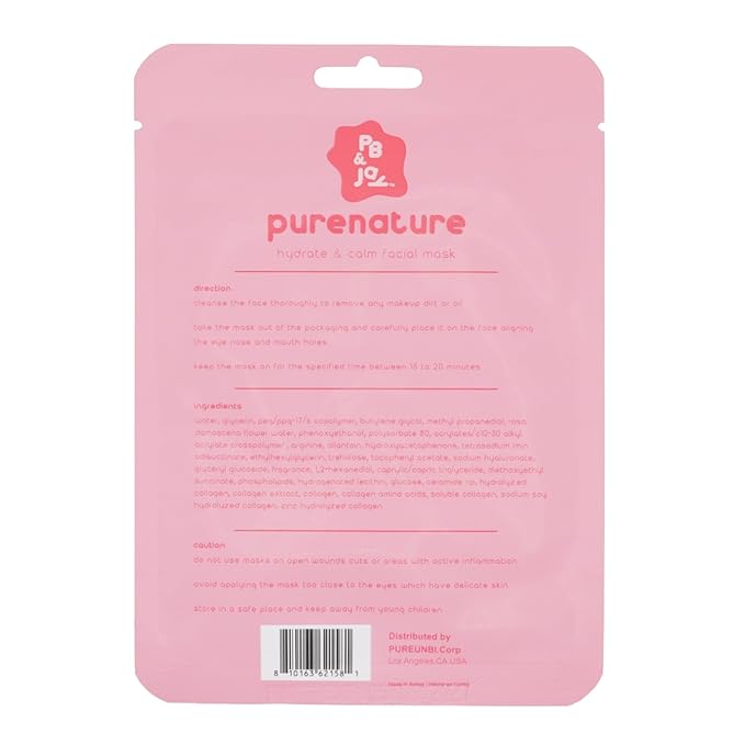 PB & JAY Purenature Facial Mask – Premium Quality Korean Sheet Mask for Soft, Calm Skin – Korean Collagen Essence Hydrating Facemask Sheet (Rose Water)