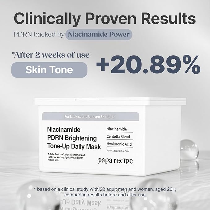 Papa Recipe Niacinamide PDRN Brightening Tone-Up Daily Mask (30 Sheets) - Korean Skin Revitalizing Facial Masks, Anti-aging - Soothing, Calming & Hydrating Face Skin, Sensitive Skin-friendly