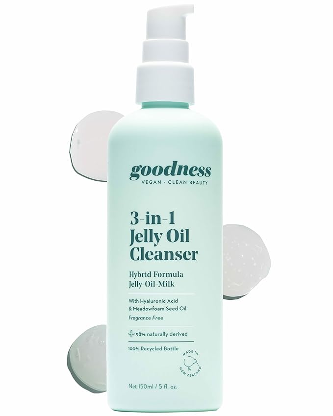 goodness 3 in 1 Jelly Oil Cleanser – Makeup Remover & Hydrating Oil Cleanser with Hyaluronic Acid – Waterproof Makeup Remover for Face – Vegan, Fragrance Free – 5 fl oz