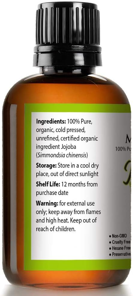 Jojoba Oil USDA Certified Organic (4oz Large) | Natural Cold Pressed Unrefined Hexane Free Oil for Hair & Face | Carrier Oil