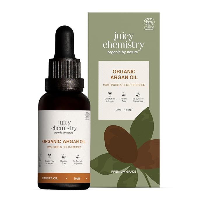 Juicy Chemistry Argan Oil, 30 ml | Pure, Cold-pressed & Organic Argan Oil for Moisturising Skin & Managing Dry, Frizzy Hair | Ecocert Certified Organic for Men & Women | Cruelty-free & 100% Vegan