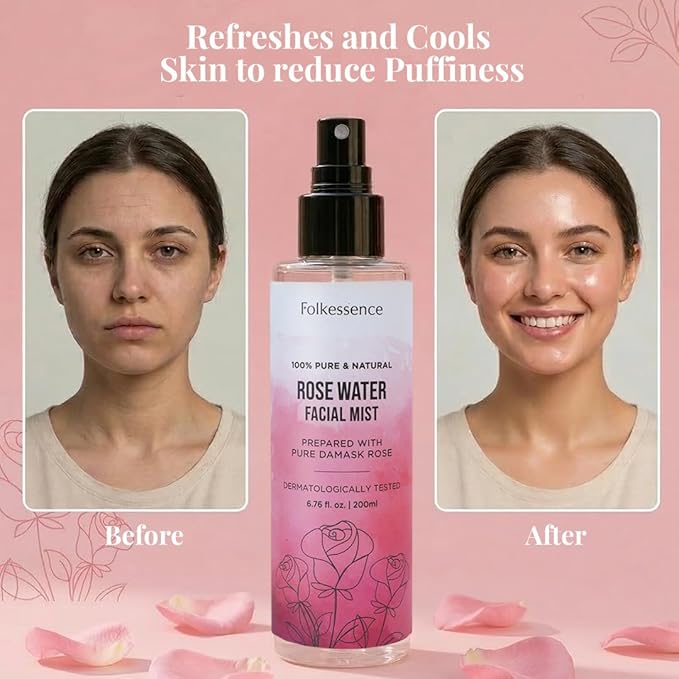 Folkulture Rose Water Facial Mist Spray 6.76 Fl Oz | 100% Pure, Natural Damask Rose Water Spray for Face & Hair | Face Mist, Toner, Skin Care, Haircare | Beauty Essentials & Gifts for Women