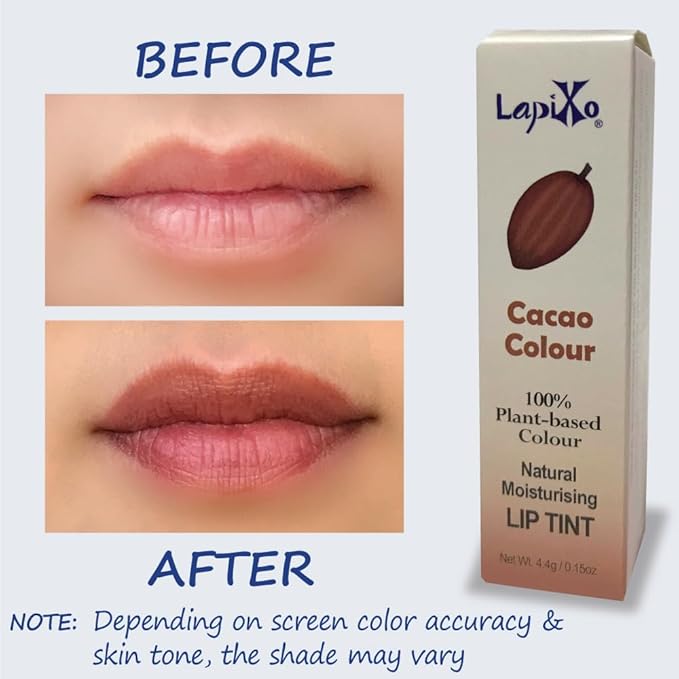 LAPIXO 100% Plant-based Color Lip Tint, Unique Formula, Natural + Moisturizing | 2-in-1 | Non-Toxic, All Food Ingredients, Antioxidant-rich, Natural Matte Sheer, Buildable, 4.4g/0.15oz (Cacao color)