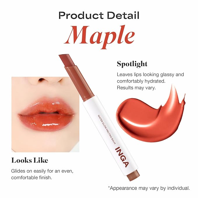 INGA Water Glow Melting Balm - Hydrating Tinted Lip Balm with Soft, Melt-On Texture, Natural Sheer, Glass-Like Finish with Non-Sticky, Lightweight Comfort (MAPLE JUICE)