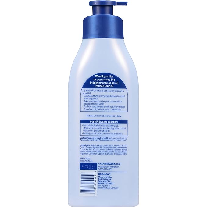 NIVEA Oil Infused Lotion Coconut and Monoi Oil Body Lotion for Women,Fast-Absorbing and Non-Greasy Coconut Scented-Lotion Moisturizes for 48 Hours,16.9 Fl Oz Pump Bottle,(Pack of 2)
