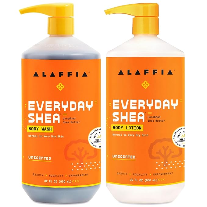 Alaffia Body Wash & Body Lotion Set, EveryDay Shea, Unscented – Gentle Skin Cleanser & Moisturizer for Normal to Very Dry Skin, 32 Oz Ea