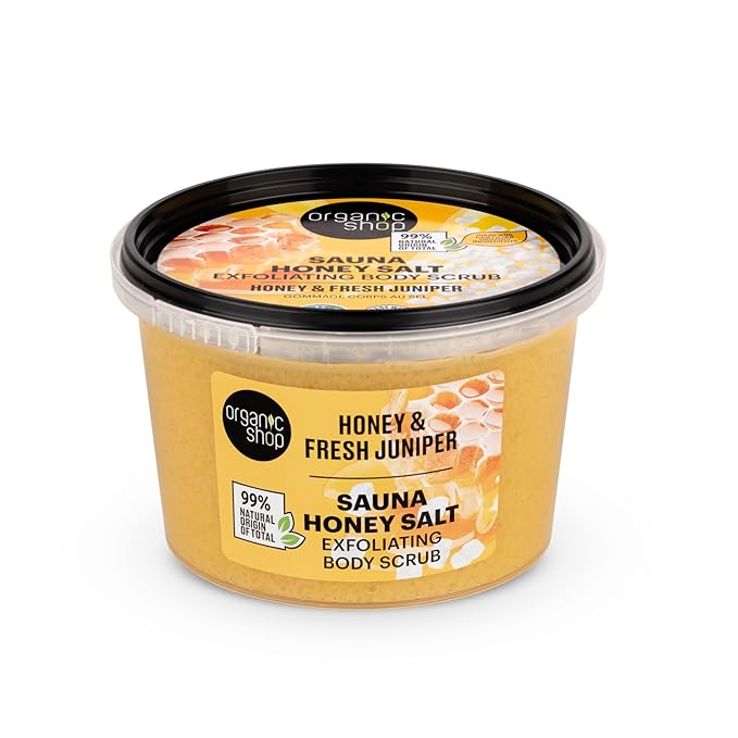 Organic Shop Honey Salt & Juniper Hydrating & Exfoliating Body Scrub, 100% Vegan & Organic, Daily Exfoliant, Detox & Moisturizer, Body, Face, Hand & Foot, Intensive Care & Skin Toning. 250ml