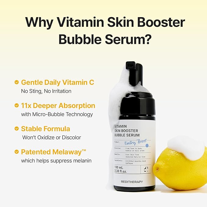 MEDITHERAPY Vitamin C Serum for Face – Micro-Bubble Formula for Instant Absorption, Visibly Radiant Glow – Advanced Vitamin C, Non-Irritating AM/PM Use for Sensitive Skin – 3.38 fl oz