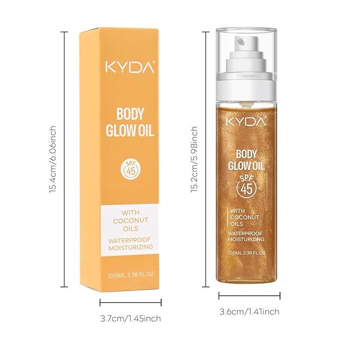 KYDA Travel Size Sunscreen,SPF 45 Sunscreen Spf Body Oil with Gold Mica, Sun-kissed Glow Skin Illuminator, Moisturizing Coconuts Summer Sunscreen, Water Resistant, 3.38 fl oz, AMBER