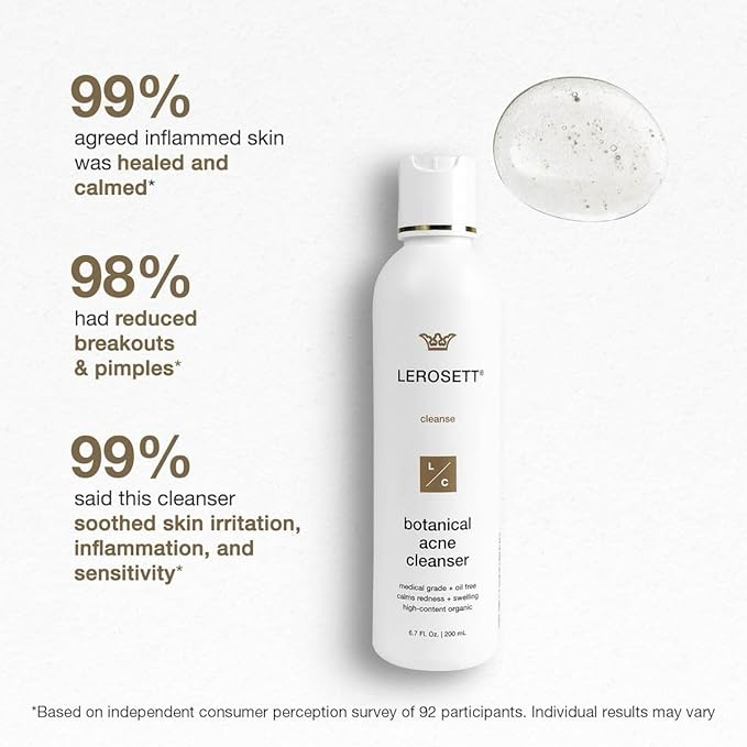 LEROSETT Botanical Acne Cleanser, Foaming Gel Face Wash for Acne Prone, Vegan, Blackheads & Oily Skin 50% Calming Aloe, 2% Salicylic Acid, All Skin Types. Vegan - 6.7oz 60-Day
