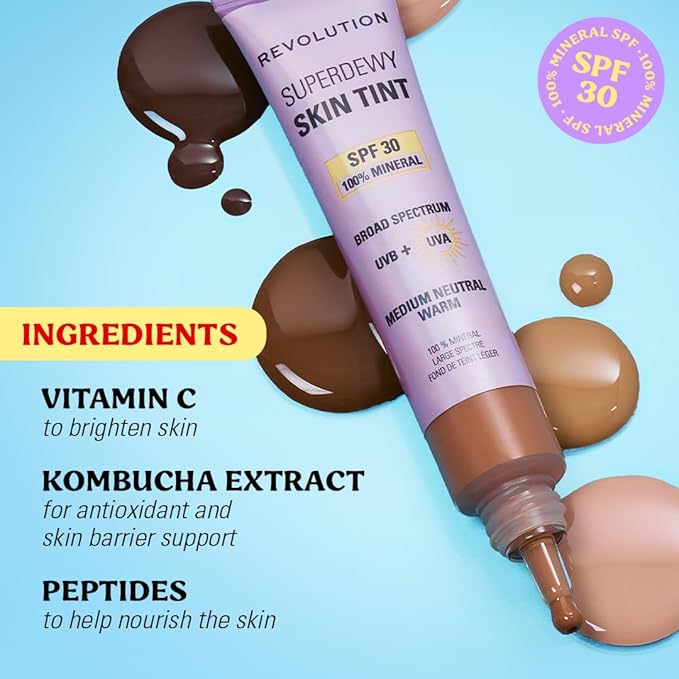Revolution Superdewy SPF 30 Skin Tint, Tinted Mineral Face Foundation, Buildable Coverage for Facial Glow, 12% Zinc Oxide, Vegan & Cruelty-Free, Medium Tan Warm