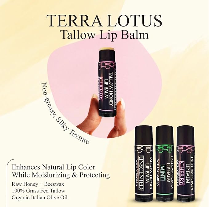 Terra Lotus - Tallow Lip Balm (5 Pack) - Hydrating With Organic Italian Olive Oil, Pure Grass Fed Tallow, and Beeswax - Long Lasting Lip Therapy (Unscented)