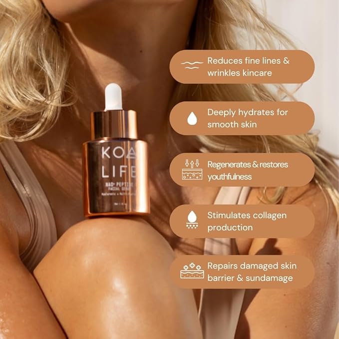 KOA Life NAD Peptide Facial Daily Anti-Aging Serum. in a Metallic Copper Glass Dropper Bottle and Metallic Copper Outer Cylinder Carton