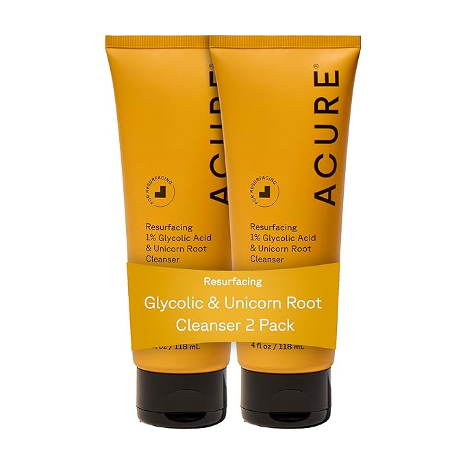 Acure Resurfacing 1% Glycolic Acid & Unicorn Root Cleanser - Exfoliating Face Wash, Glycolic Acid Cleanser for Face, Brightening Anti Aging Cream to Foam, Sulfate Free, Vegan - 4 fl oz (2 Pack)