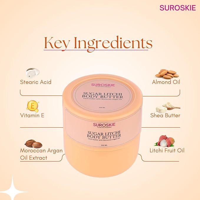 Suroskie Sugar Litchi Body Butter 200Ml | For Deep Hydration & Nourish Skin | Upto 96 Hrs | With Shea Butter, Moroccan Argan & Almond Oil | Uv Ray Protection | Dry Skin | Body Butter For Women & Men