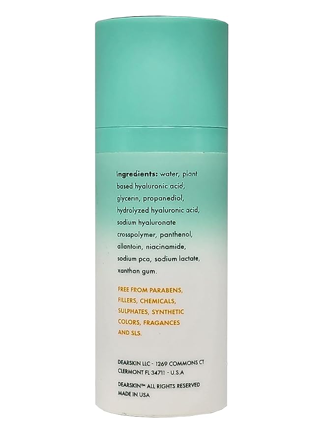 Dearskin Hyaluronic Acid Serum Vegan 100% Plant Based Hyaluronic Acid 10%, Hydrolyzed Hyaluronic Acid 2%, Sodium Hyaluronate Crosspolymer 1% - Hyalu Dear Serum