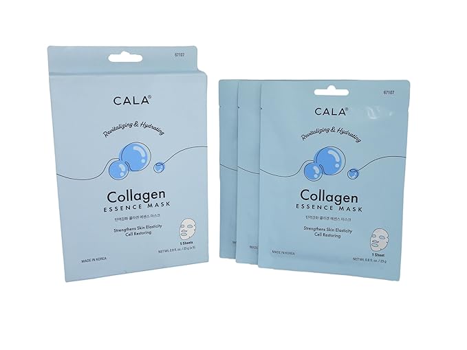 Cala Collagen Essence Facial Sheet Masks, 5 Pack - Ultra-Thin Hydrating Face Mask Sheets with Tea Tree + Herbal Extracts, Hyaluronic Acid, For Dry/Dull Skin, 5-Min No-Rinse