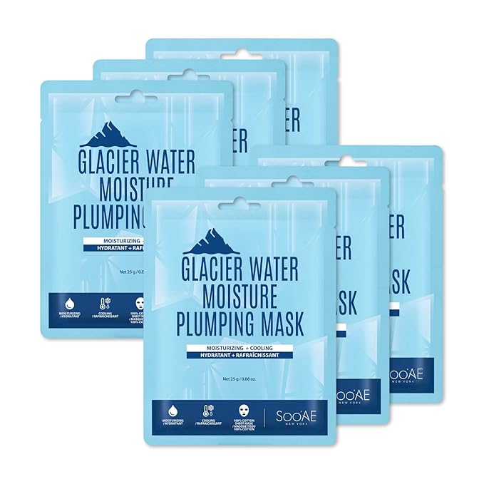 Soo'AE Glacier Water Moisture Plumping Mask [6 Count] for Dry & Dehydrated Skin, Moisturizing + Cooling, Vegan, Premium Quality, Smooth Complexion, Korean Skincare, Self Home Care
