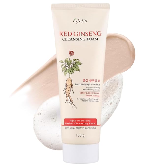 esfolio Red Ginseng Cleansing Foam – Korean Skincare Face Wash with Herbal Extracts – Creamy Daily Cleanser for All Skin Types – Refreshing Foaming Formula – (5.29oz - 150ml)
