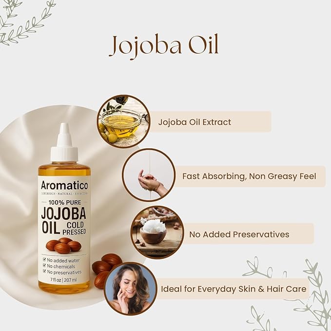 Aromatico 100% Pure Cold Pressed Jojoba Oil – 7 Fl Oz | Natural Hair, Face & Body Oil – Lightweight Moisturizing Carrier Oil for Dry Scalp, Skin Care, Beard, Cuticles & Massage