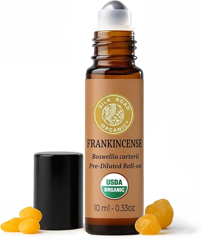 Silk Road Organic Frankincense Carterii Essential Oil Roll On, 100% Pure USDA Certified Aromatherapy for Radiant Skin, Body Aches, Stress Relief, & Calm - 10 ml Roller
