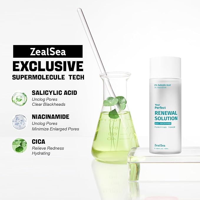 ZealSea Salicylic Acid Toner, Blackhead Remover, BHA Liquid Exfoliant (CICA, 3.38OZ, Travel Size), Pore Minimizer for Face, Gentle Alcohol Free BHA Toner for All Skin with Niacinamide, Redness Relief