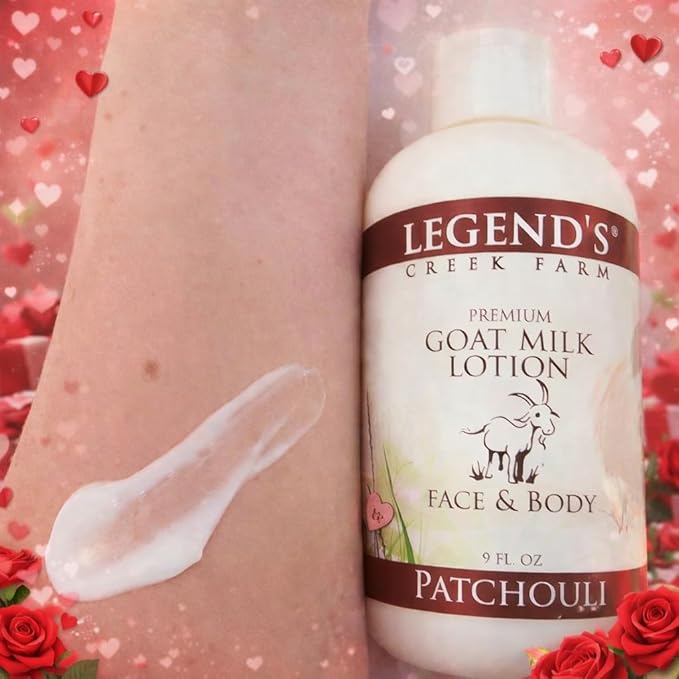Legend's Creek Farm Goat Milk Lotion - Deeply Moisturizing Goat Milk Body Lotion for Body, Hand & Face - 9 oz Body Moisturizer with Shea Butter, Sunflower Oil, Aloe, Handmade in USA (Patchouli L.)