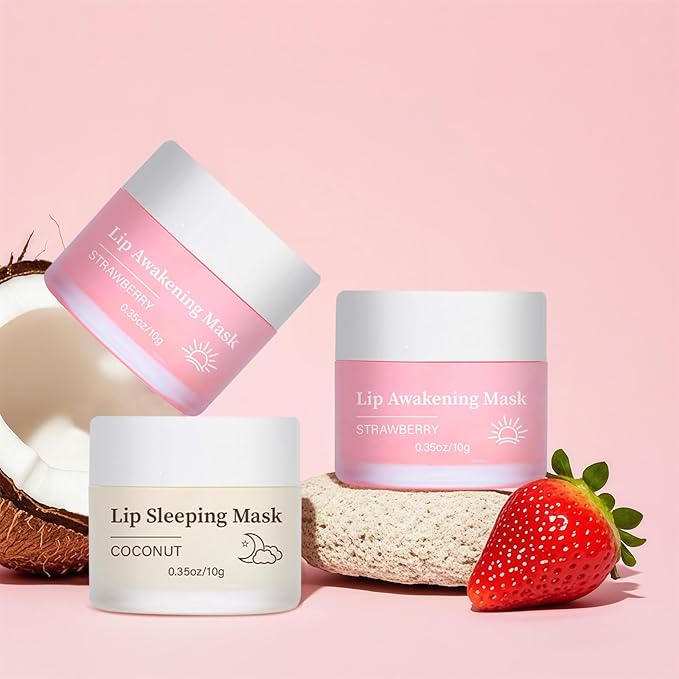 24H Lip Mask Set – Strawberry Day & Coconut Night Care – Hydrating & Softening Lip Sleeping Mask Duo for Dry, Flaky Lips – 10g x 2 (Strawberry and Coconut Set)