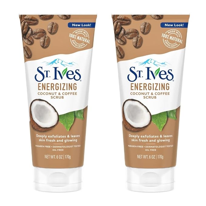 St. Ives Facial Scrub, Energizing Coconut & Coffee 2-Pack – Deep Exfoliant for Fresh, Glowing Skin, 6 Oz Ea