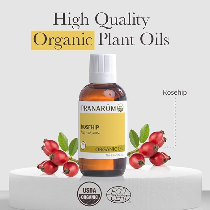 Pranarom - USDA Certified Organic Cold-Pressed Rosehip Virgin Plant Oil - 2 fl oz Glass Bottle - Massaging, Face, Hair & Skin, Unisex