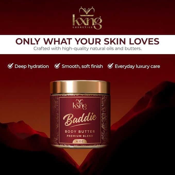 KXNG Cosmetics Organic Shea Body Butter Cream – 4oz | Luxury Moisturizing Cream for Men & Women with Shea, Cocoa & Coconut Oil | Deep Hydration for Dry Skin, Hands & Feet - Baddie