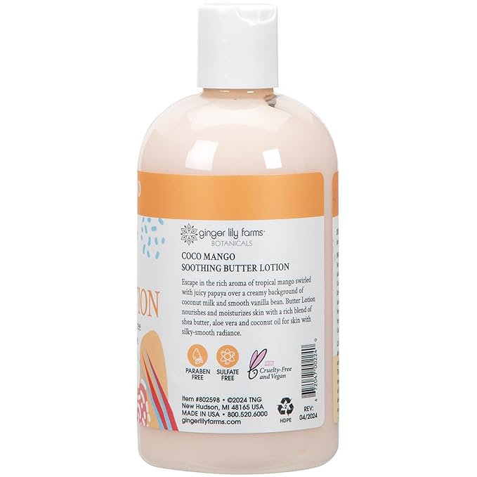Ginger Lily Farms Botanicals Soothing Butter Lotion for Dry Skin, Coco Mango, 100% Vegan & Cruelty-Free, Coconut Mango Scent, 12 Fl Oz (Pack of 6)