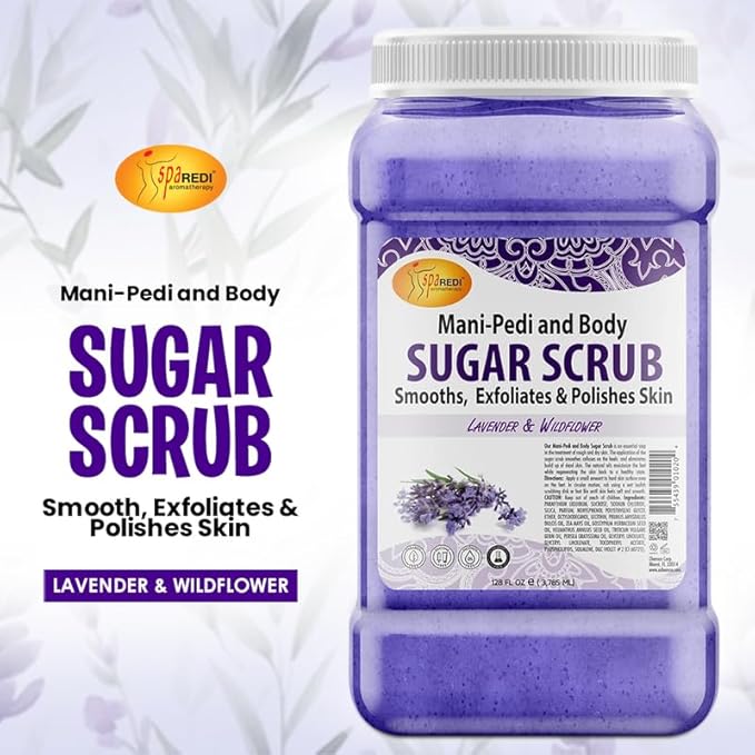 SPA REDI – Sugar Body Scrub, Lavender and Wildflower, 128 Oz Exfoliating, Moisturizing, Hydrating and Nourishing, Glow, Polish, Smooth and Fresh Skin - Body Exfoliator
