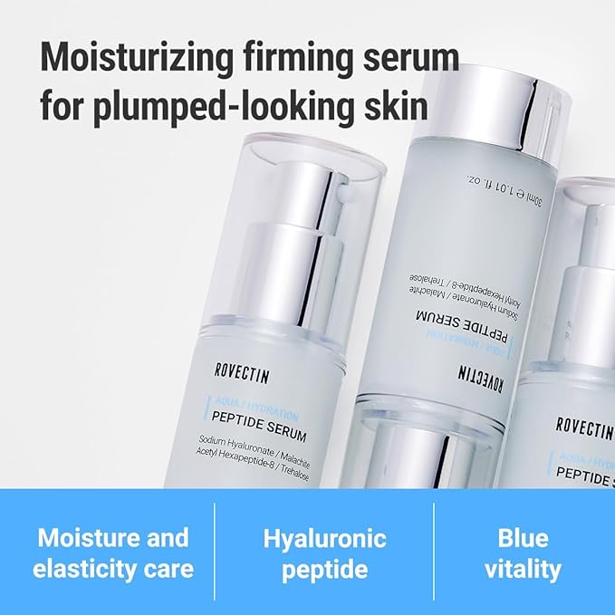 ROVECTIN Aqua Peptide Serum - Anti-Aging Facial Serum with Vitamin E, Niacinamide, Hyaluronic Acid | Uneven Skin Tone, Anti-Wrinkle, Intensely Moisturizing | Vegan, Korean Skincare (1.01 fl.oz)