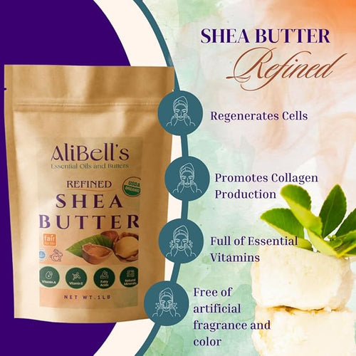 AliBell's- Refined Shea Butter - Unscented Shea Butter - Ultra Refined, Deodorized, White - Hydrating Moisturizer for Dry Skin and Hair