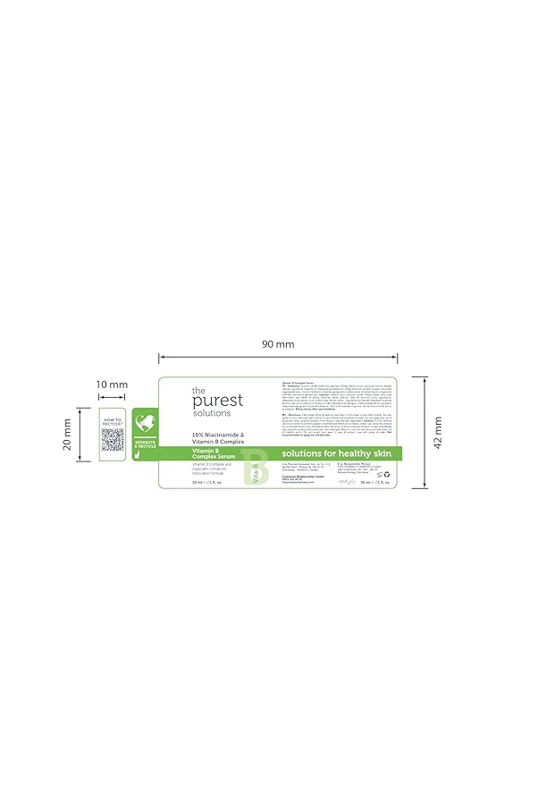 The Purest Solutions Vitamin B Complex Serum (Niacinamide 10% + Vitamin B Complex) - Anti-Sensitization, Anti-Redness, Restorative - Vegan | Cruelty Free | Eco Friendly (1 fl. oz)