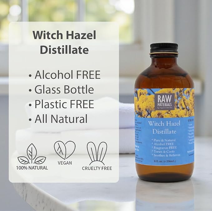 RAW MATERIALS Witch Hazel Distillate, Alcohol-Free, Fragrance-Free, Natural Astringent Toner for Face, Skin Brightening, 8oz Glass Bottle