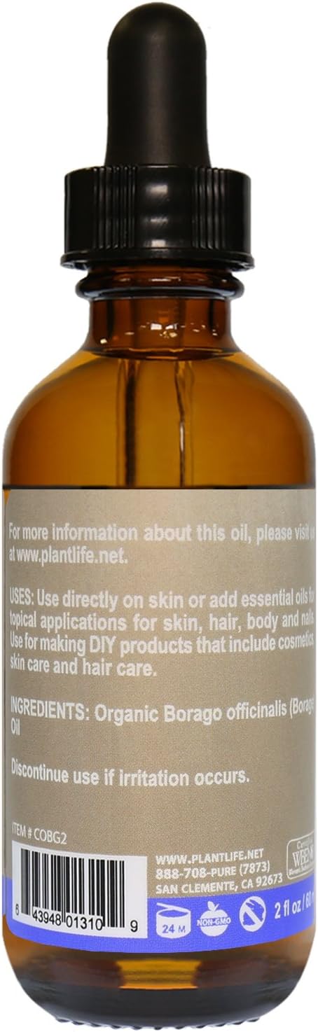 Plantlife Borage Seed Carrier Oil - Cold Pressed, Non-GMO, and Gluten Free Carrier Oils - for Skin, Hair, and Personal Care - 2 oz
