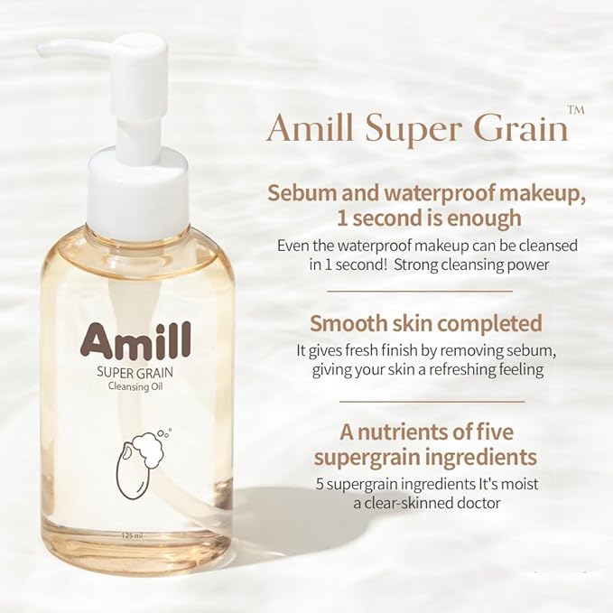 Amill Super Grain Cleansing Oil (125ml/4.23fl.oz) - Gentle Daily Oil Cleanser with 6 Grain Extracts for Hydrating & Nourishing Skin