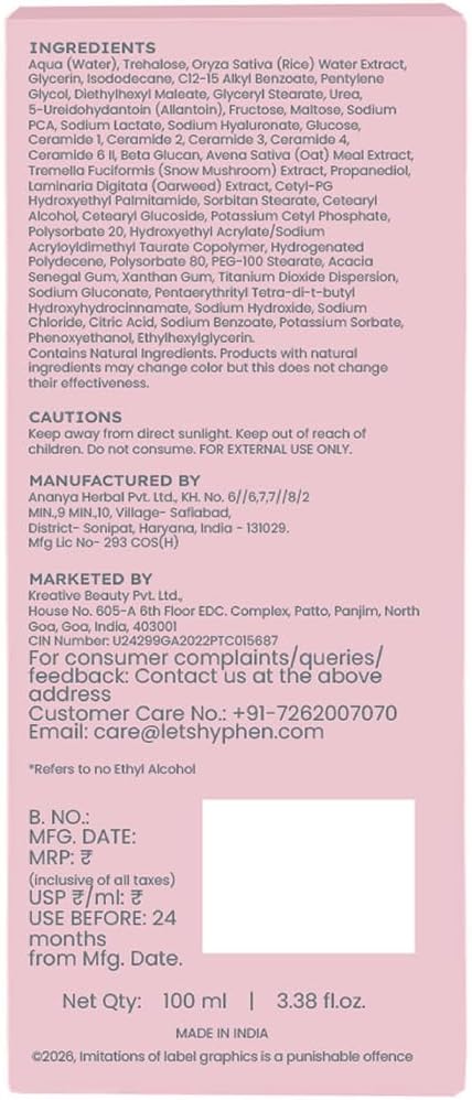 Hyphen 7% Ceramides-NMF Milky Face Toner Essence | 5% Glass Skin Blend of Rice Water, Oatmeal & Snow Mushroom Extracts |Hydrates & Nourishes| Alcohol Free Toner| for All Skin Types - 100ml