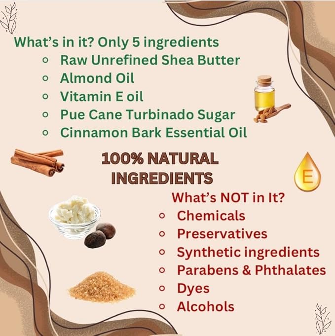 Shea Butter Sugar Scrub, 2-in-1 All Natural Full Body Exfoliant and Moisturizer, 5 Simple Ingredients for Full Body Care, Nontoxic, Winter Shower Scrub, Cinnamon Oil