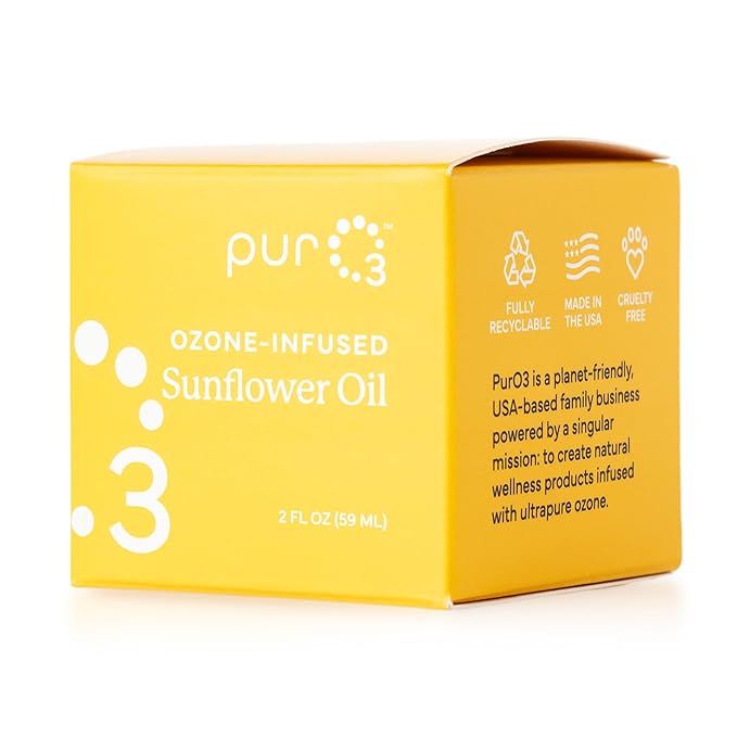 PurO3 Ozonated Sunflower Oil – Pure, Natural, Organic Skincare for Face & Body – Oxygenated Healing Lotion, Moisturizer & Beauty Cream in a Glass Jar – O3 Therapy Salve, 2 oz