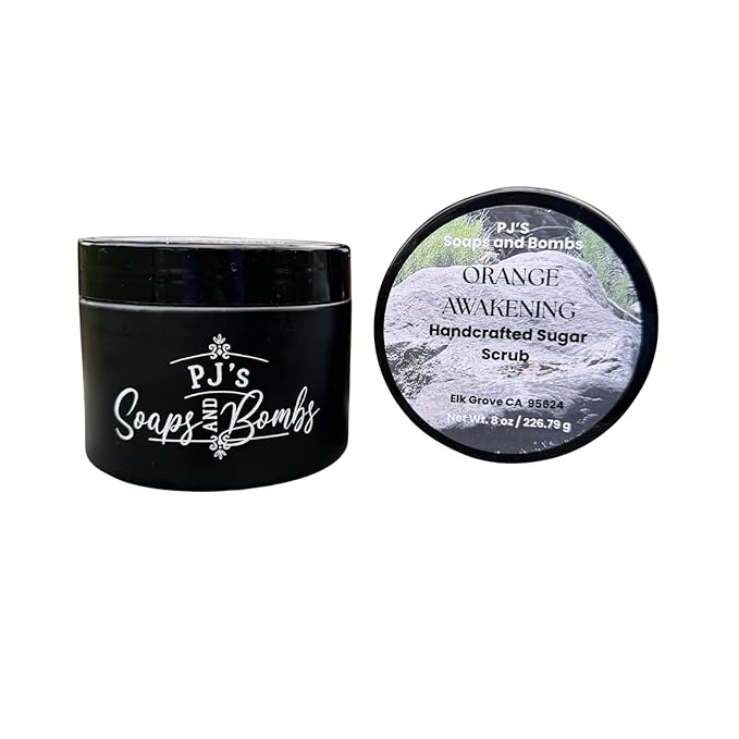 PJ’s Coconut & Almond Bliss Orange Awakening Sugar Scrub 8 oz – Handmade Exfoliating Body Scrub with Orange Essential Oil – Energizing, Clean Ingredients, Natural Skincare Spa Gift