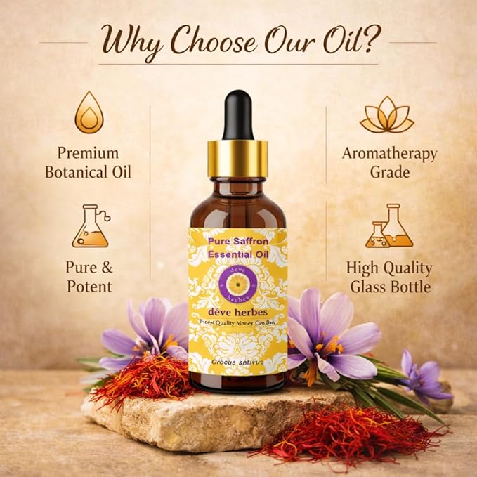 dève herbes Saffron Essential Oil (Crocus sativus) with Glass Dropper | Pure | Non-Sticky | Non-Greasy | Lightweight | Men & Women | All Skin Types | Steam Distilled 2ml (0.06 oz)