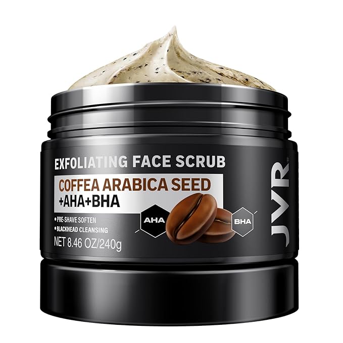 JVR Face Scrub for Men, Facial Scrub for Deep Exfoliating, Cleansing Blackheads, Ingrown Hair, Pre-shave Soften, Organic Formulated with Coffee Extract, AHA and BHA Face Exfoliator (8.46 oz)