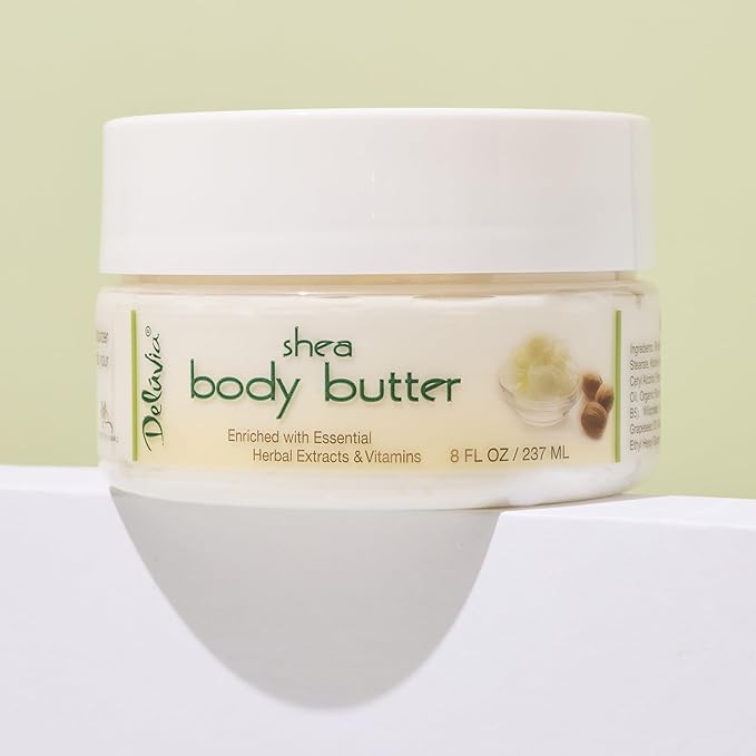 Deluvia Shea Body Butter - Raw Fair Trade Shea Butter, Organic Rose Hip Oil, Organic Lavender, Organic Jojoba Oil, Cocoa Butter & Dead Sea Minerals. Intense Moisturizing Body Cream.