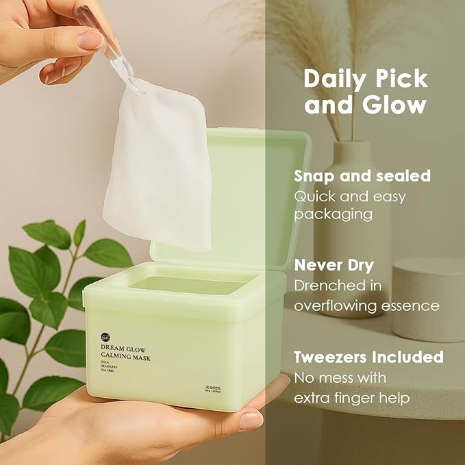 glowiest Dream Glow Cica Calming Sheet Mask (30 Count) | Centella Asiatica, Heartleaf & Tea Tree | Daily Hydrating & Soothing Face Mask | Sensitive Skin Care | Korean Skincare