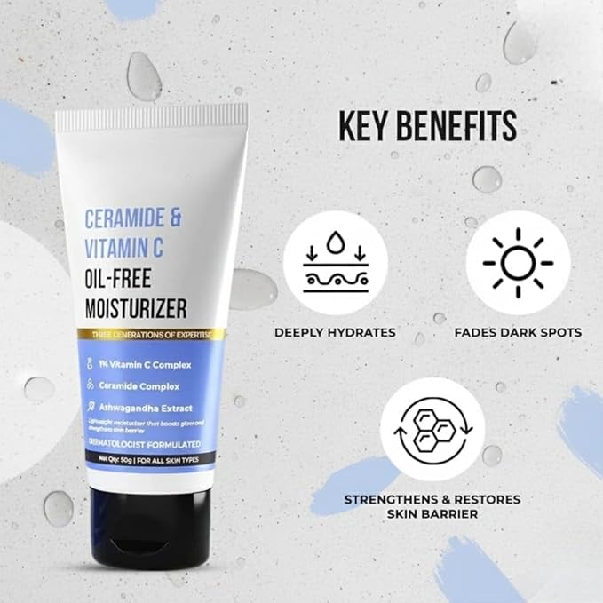 Dr Sheth Ceramide & Vitamin C, Oil Free, Lightweight Moisturizer to Hydrate & Brighten Skin with Vitamin C, Ceramide & Ashwagandha Daily Use Cream for Oily Skin, 50g, 1.76 Ounce