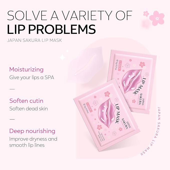 AKARY Sakura 5 Pieces Hydrating Lip Mask, Lip Sleep Mask Collagen Crystal Lip Care Gel Pads For Moisturizing, Minimize Fine Lines, Remove Dead Skin, Chapped Pads Lip Mask (5)